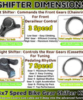 3x7 Speed Bike Gear Shifter Kit with dimensions for left 3-speed and right 7-speed shifters, showing cable lengths.