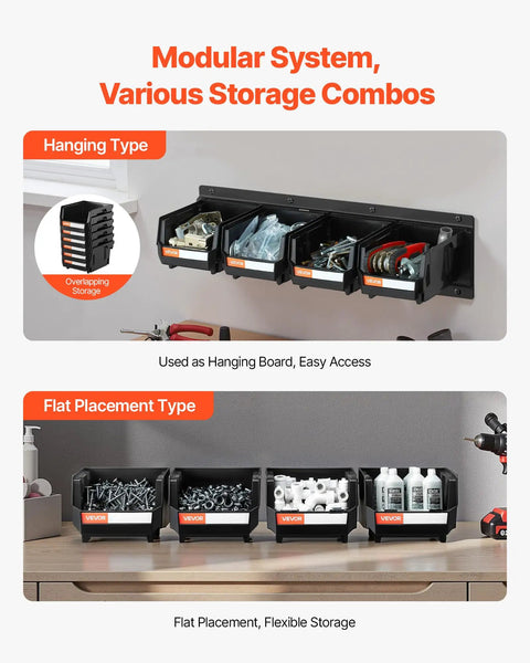 Garage Must Have Wall Mounted Storage Bins Space Saving Organizer With 12 Plastic Bins And 3 Metal Rails Stackable, shown mounted and flat.