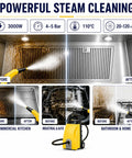 Buff Out Dirt With This Bad Boy 3000W Commercial Steam Cleaner shows powerful before and after cleaning in a commercial kitchen.