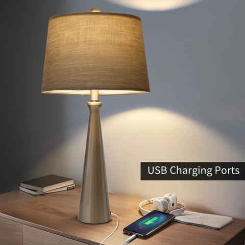 25.75 Inch Table Lamp Set Of 2 For Living Room And Bedroom, Touch Dimming 3 Way Lamps With USB Charging Port, Silver Fabric Shade