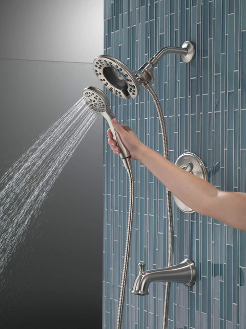 Linden 17 Series Dual Function Tub And Shower Trim Kit With In2ition 4 Spray 2 In 1 Handheld Shower Head And Hose Stainless Finish T17494 SS I Valve Not Included