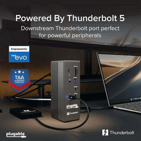 Built Different Thunderbolt 5 Docking Station, 16-In-One Powerhouse With Dual HDMI 2.1, connected to laptop with cable.