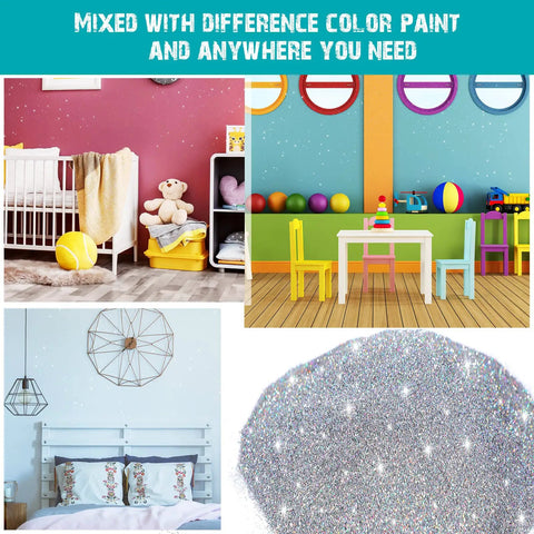 500G Silver Holographic Glitter Paint Additive used on colorful interior walls and a silver sparkling powder close-up