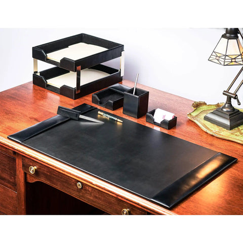 Black Bonded Leather 8-Piece Desk Accessory Set For Organization And Executive Decor including blotter and letter tray on wooden desk