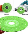 Ultra Thin Diamond Grinding Discs 4.5 Inch Set For Ceramic Glass Marble Granite, shown with angle grinder, perforated design.
