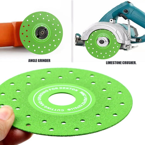 Ultra Thin Diamond Grinding Discs 4.5 Inch Set For Ceramic Glass Marble Granite, shown with angle grinder, perforated design.