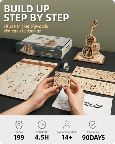 3D Wooden Puzzle Music Box Kit Cello Model For Adults And Teens Build Your Own Wind Up Instrument As Chopin Tunes Play Dope Gift For Hobbyists STEM Lovers Women And Men, 199 pieces, wooden