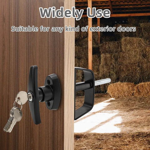 All In One Shed Door Latch Kit With T Handle Lock And Five Keys installed on wooden barn door with visible spring latch