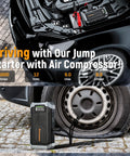 All In One 5000A Jump Starter With Air Compressor And 150 PSI Tire Inflator Portable 12V Jump Box displayed next to car tire
