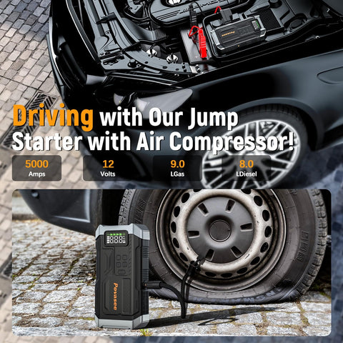 All In One 5000A Jump Starter With Air Compressor And 150 PSI Tire Inflator Portable 12V Jump Box displayed next to car tire