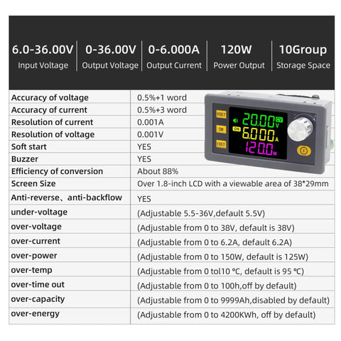 120W Buck Boost Power Converter With Color LCD Display 6 To 36V Input 0 To 36V Output 6A Max Regulated DC Power Supply with specs