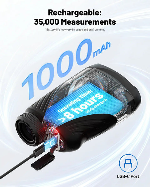 Golf Range Finder With Slope On Off, 1200 Yard Laser, USB C Rechargeable showing battery capacity and charging feature