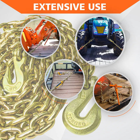 G80 Transport Binder Chain 3/8 Inch By 20 Foot With Clevis Grab Hooks, 7,100 Lbs Safe Working Load, Heavy Duty Logging Tow Tie Down Chain For Truck Trailer And Vehicle Transport Anywhere