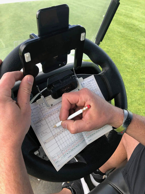 Golf Cart Steering Wheel Phone Mount Pro with Spring Loaded Arms and Scorecard Holder, easy on off, USA made.