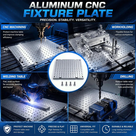 Built Tough 10 By 10 Inch 6061 Aluminum Cnc Fixture Plate featuring 1/4 20 threaded holes in a CNC machining setup.