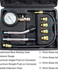 Compression Tester Kit For Engine Cylinders With Pressure Gauge Adapters, 8 Piece Set in open case showing tools and adapters