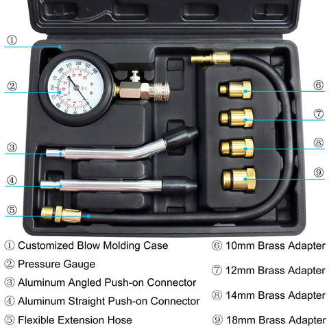 Compression Tester Kit For Engine Cylinders With Pressure Gauge Adapters, 8 Piece Set in open case showing tools and adapters