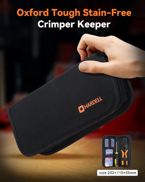 Heavy Duty Wire Crimping Tool For Heat Shrink AWG22 To 10 With 90 Piece Electrical Connectors Kit and Slick Portable Case in black fabric.