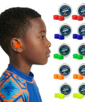 Child wearing orange Floating Putty Buddies Swim Earplugs For Kids And Adults, Moldable Premium Silicone Plugs, USA Made, next to assorted pack.