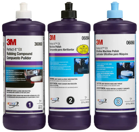 Three bottles of Perfect-It EX series, including Rubbing Compound, Machine Polish, and Ultrafine Machine Polish for finishing.