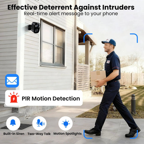 2K UHD Wireless Outdoor Security Camera with Free Cloud And SD Storage No Fuss Setup on house corner, delivery man outside