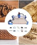 Pro Level 3 Axis 4040 CNC Router Engraver Machine With 75W Spindle And 42 Stepper Motors showing wood engravings and accessories.