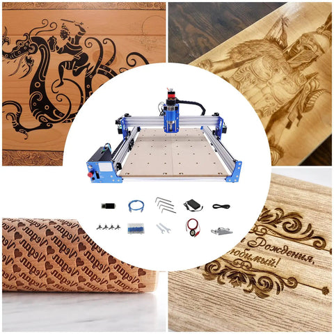 Pro Level 3 Axis 4040 CNC Router Engraver Machine With 75W Spindle And 42 Stepper Motors showing wood engravings and accessories.