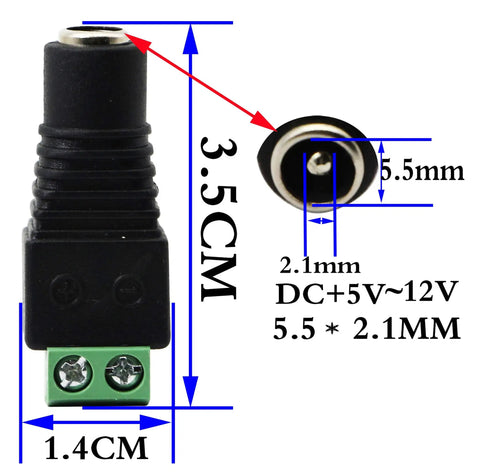 Hassle Free Dc 5.5 To 2.1Mm Female Barrel Adapter With Secure 2 Pin Screw Terminals For Cctv Cameras And Led Strip Lights 20 Pack close-up showing dimensions and connectors.