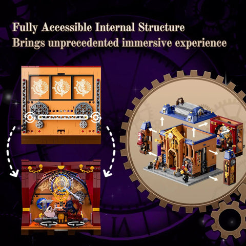 Steampunk Time Opera House Lighting Building Set with 2810 Pieces, showing accessible internal structure with gears and stage