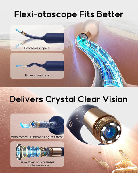 Earsight Plus D39R Ear Wax Removal Tool Camera Kit showcasing flexible silicone tube lens and precision optics in ear canal.