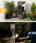 35.4 Inch Tall Indoor Outdoor Dope Waterfall Fountain With LED Lights in garden by day and illuminated at night