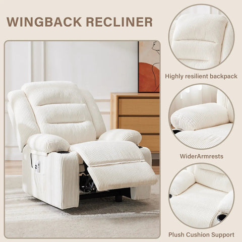 Power Pushback Electric Recliner With Cup Holders For Adults Ultra Comfy Home Theater Seating in Stripe White with footrest extended