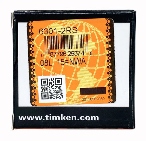2 Pack 6301 2RS Double Rubber Seal Bearings 12x37x12mm For High Speed Rigs, DIY Projects, And Small Machinery, Shielded On Both Sides To Lock In Lubricant And Block Contaminants. boxed 6301-2RS bearing label with QR code