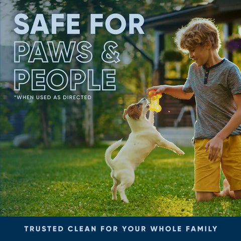 Boy playing with dog outdoors using safe for pets enzyme cleaner with sprayer, tackling odors on yards and patios eucalyptus scent