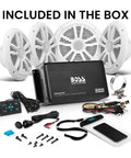 Marine Boat 6.5 Inch Speaker And 4 Channel Amplifier Bundle, 500 Max Per Channel, Bluetooth Remote, USB Charging included.
