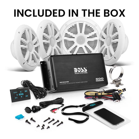 Marine Boat 6.5 Inch Speaker And 4 Channel Amplifier Bundle, 500 Max Per Channel, Bluetooth Remote, USB Charging included.