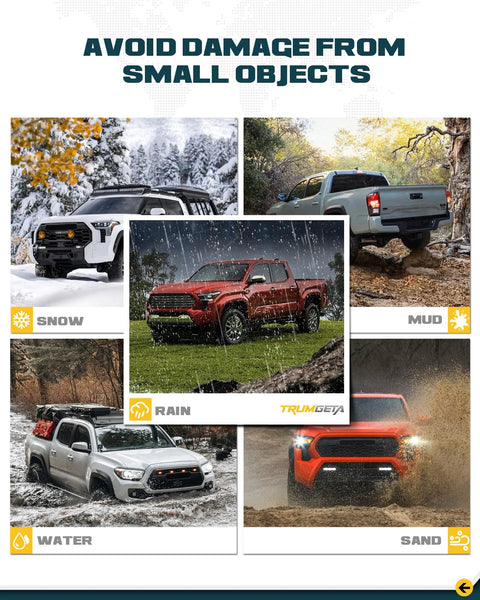 Trumgeta all-black rear bumper crossmember end caps for 4th-gen Toyota Tacoma; off-road scenarios collage