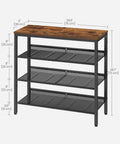 Four Tier Shoe Rack For Entryway Storage Freestanding Adjustable Mesh Shelves Heavy Duty Industrial Organizer with rustic brown top.