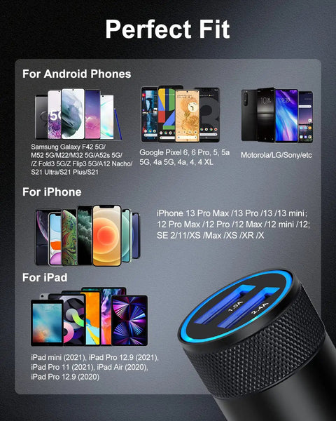 Dual USB Car Charger With Fast Charge 3.4A, Lighter Socket Adapter For Cars, compatible with various phones and tablets