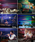 Star Projector With Bluetooth Speaker Remote For Bedroom And Parties Dope Vibe, 3 In 1 Galaxy Aurora Moon Night Light in various settings.