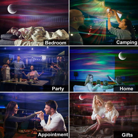 Star Projector With Bluetooth Speaker Remote For Bedroom And Parties Dope Vibe, 3 In 1 Galaxy Aurora Moon Night Light in various settings.