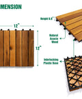 12x12 Inch Solid Wood Interlocking Flooring Tiles Pack Of 9 In Real Acacia Hardwood showing dimensions and interlocking base