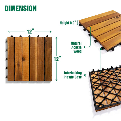 12x12 Inch Solid Wood Interlocking Flooring Tiles Pack Of 9 In Real Acacia Hardwood showing dimensions and interlocking base