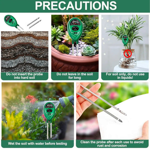 3 In 1 Soil Moisture Light And PH Tester For Home Garden Lawn Farm Indoor Outdoor Use Easy Plug And Play Plant Health Meter with usage precautions displayed