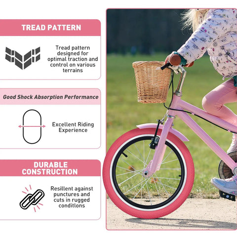 Child riding bike with Pink 20x2.125 Bike Tire With Tube Pack Of 2 For Kids Bikes Fits Most 20 Inch Bicycles BMX Replacement Tires Tubes And Levers Included Foldable And BPA Latex Free Universal Fit