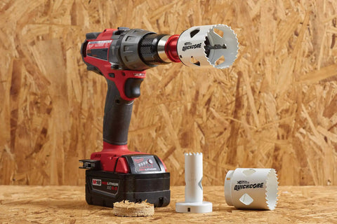Cordless drill with 13 Piece Hole Saw Set With Quick Change Arbor And Quickcore Technology For Up To 10X Faster Core Ejection.