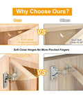 Comparison of Frameless Full Overlay Soft Close Cabinet Hinges 2 Pack With Speed Adjustable Close 3 To 8 Seconds, showing advantages of small angle buffer and soft close.