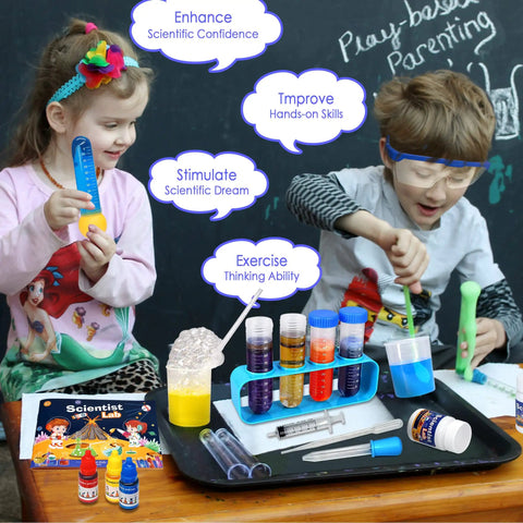 Ultimate Kids Science Kit With 56 Hands On Experiments, Lab Coat Scientist Costume, 70 Plus DIY STEM Projects, Educational Toys For Girls And Boys Aged 6 8 10 12, Fun Hands On Learning That Makes Science Pop. Kids testing lab tubes and tools