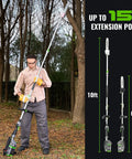Man using Cordless Pole Saw With 60V Power For Heavy Duty Tree Trimming And Pole Extension 15 Foot Reach 10 Inch Cutting Bar outdoors