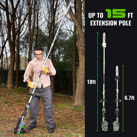 Man using Cordless Pole Saw With 60V Power For Heavy Duty Tree Trimming And Pole Extension 15 Foot Reach 10 Inch Cutting Bar outdoors